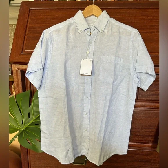 Porter & Ash Shirts | Nwt! Porter And Ash Short Sleeve Linen Button Down Shirt | Color: Blue | Size: S | Jadehankin's Closet